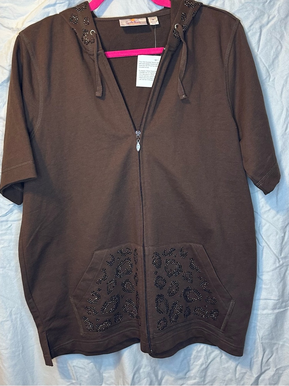 Quacker Factory Brown Short Sleeve Zip Hoodie with Studded Leopard Accents